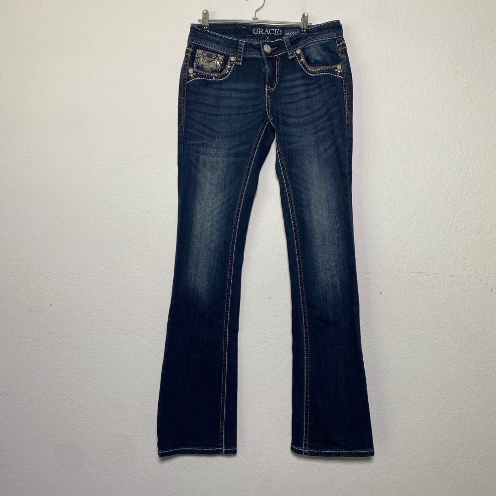Grace in LA Bootcut Jeans Womens 27 Dark Wash Embellished Bling Low‎ Rise Denim